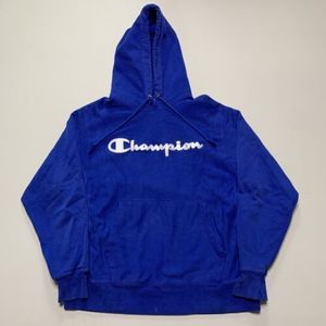 Vintage Champion Reverse Weave Hoodie Blue Script Logo Size Large